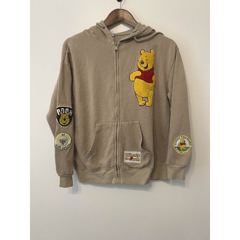 Women's Disney Winnie The Pooh Full Zip Hooded Jacket size L Tan Patchwork Y2K
